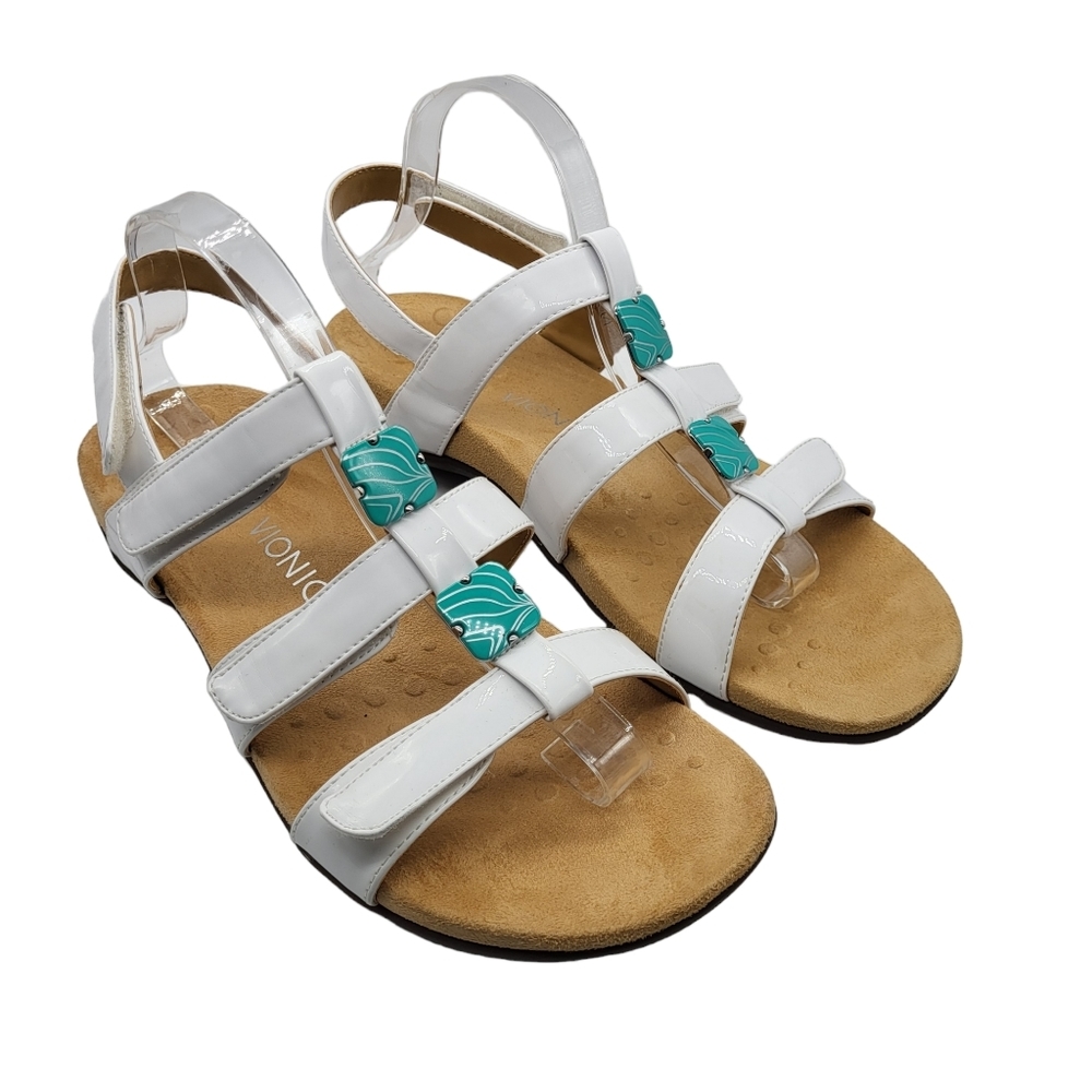 Vionic *Like New* Amber Adjustable Patent Leather Strappy Sandal Turquoise Beads